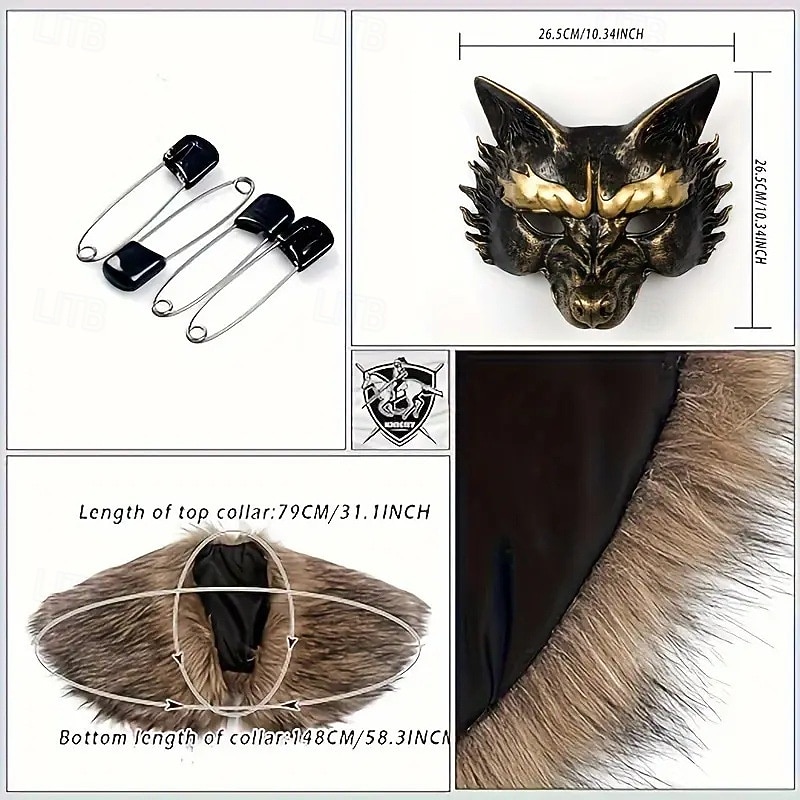 Retro Vintage Medieval Renaissance Mask Shawls Faux Fur Costume Warrior Dragon Viking Fancy Dress Men's Viking Fantasy Halloween Carnival Performance Party LARP Adults Shawl Mask3