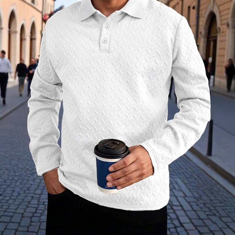 Men's Polo Shirts Golf Polos Shirts Business Casual Lapel Classic Long Sleeve Fashion Basic Solid Color Textured Jacquard Fall Winter All Seasons Loose Fit Black White Gray Navy Blue Khaki Army Green