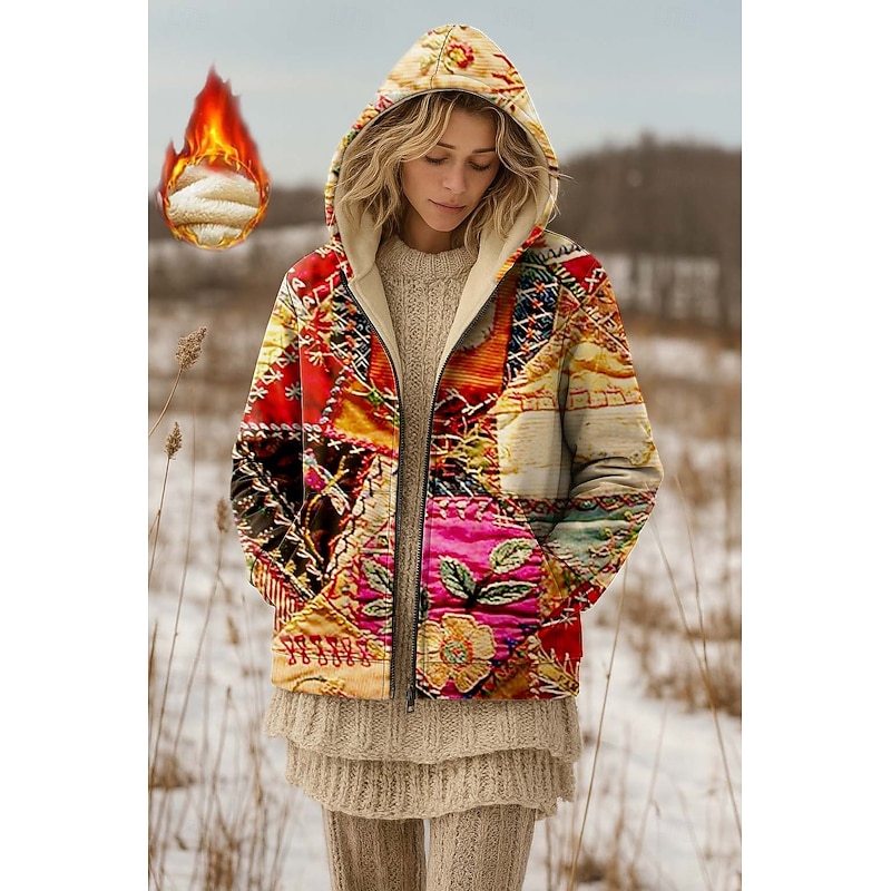 Women's Zip Up Hoodies Floral Graphic Paisley Warm Active Vintage Long Sleeve Hooded Regular Tops Home Party Evening Wear Dailywear Zip Up Patchwork Zipper Orange Brown Spring Fall Winter2