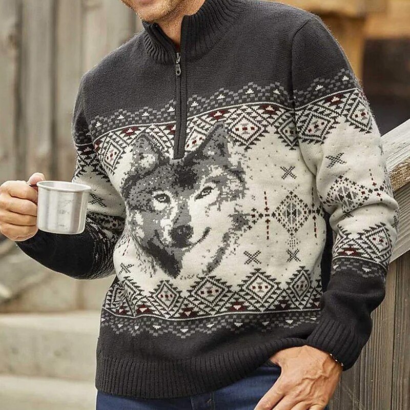 Men's Animal Wolf Geometic Fair Isle Sweater Zip Sweater Sweater Polo Zip Collar Casual Vacation Home Daily Zipper Knitting Keep Warm Long Sleeve Fall Winter Gray