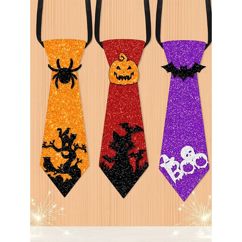 Women's Halloween Glitter Necktie Set - 3pcs Sparkly Pumpkin, Spider and Bat Ties for Costume Party and Cosplay Accessories4