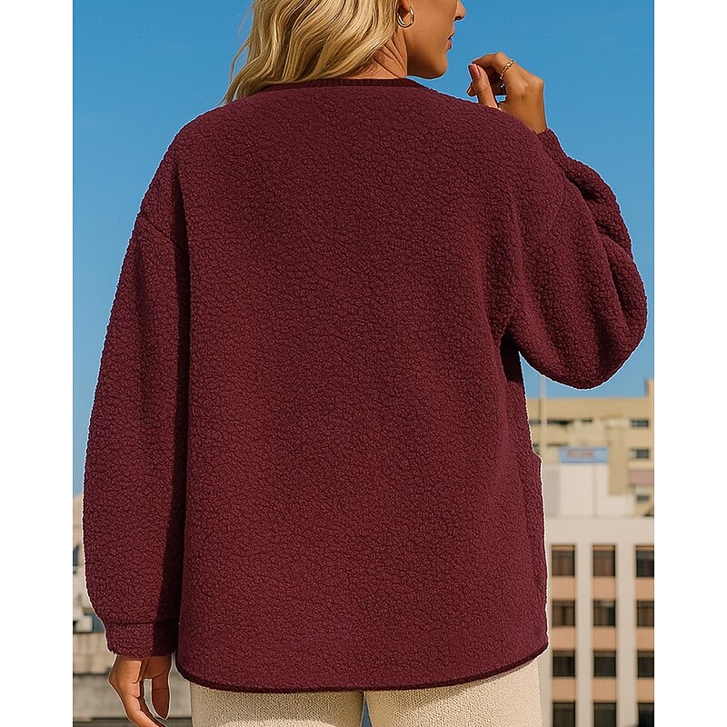 Women's Winter Coat Polar Fleece Jacket Buttons with Pockets Long Sleeve Top Athleisure Fall Solid Colored Warm Hiking Outdoor Travel Sportswear Activewear Wine Red Black White2