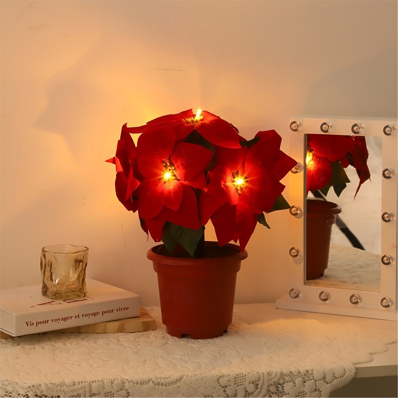Poinsettia Flowers LED, Artificial Poinsettias Plants, Fake Poinsettias Arrangements Indoor Outdoor Christmas Poinsettia Flowers Decoration Xmas Gift4