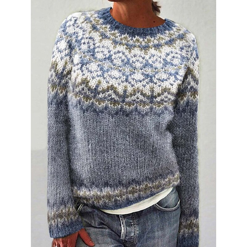 Women's Fair Isle Sweater Pullover Elegant Vintage Streetwear Geometric Ribbed Crew Neck Floral Long Sleeve Regular Tops Knit School Outdoor Home Blue Green Spring Fall4