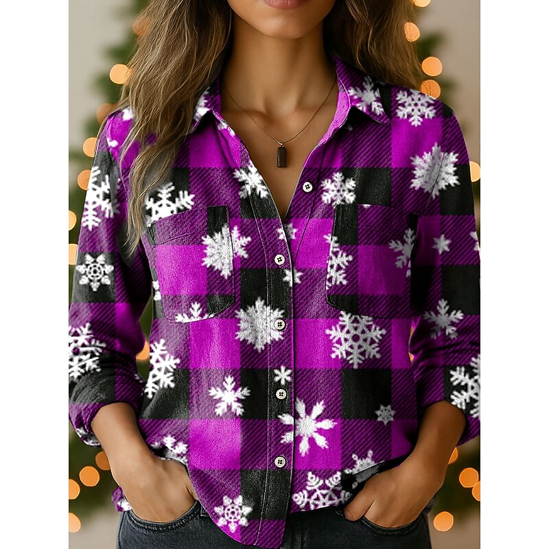 Christmas Women's Shirt Graphic Plaid Snowflake Elegant Vintage Tropical Long Sleeve Shirt Collar Regular Tops Daily Holiday Pocket Buttons Print Pink Red Blue Green Spring Fall Winter3