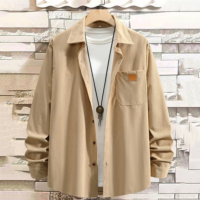 Men's Corduroy Jacket Casual Jacket Vacation Daily Breathable Pocket Fall Winter Plain Fashion Classic Lapel Regular Black Khaki Army Green Jacket2