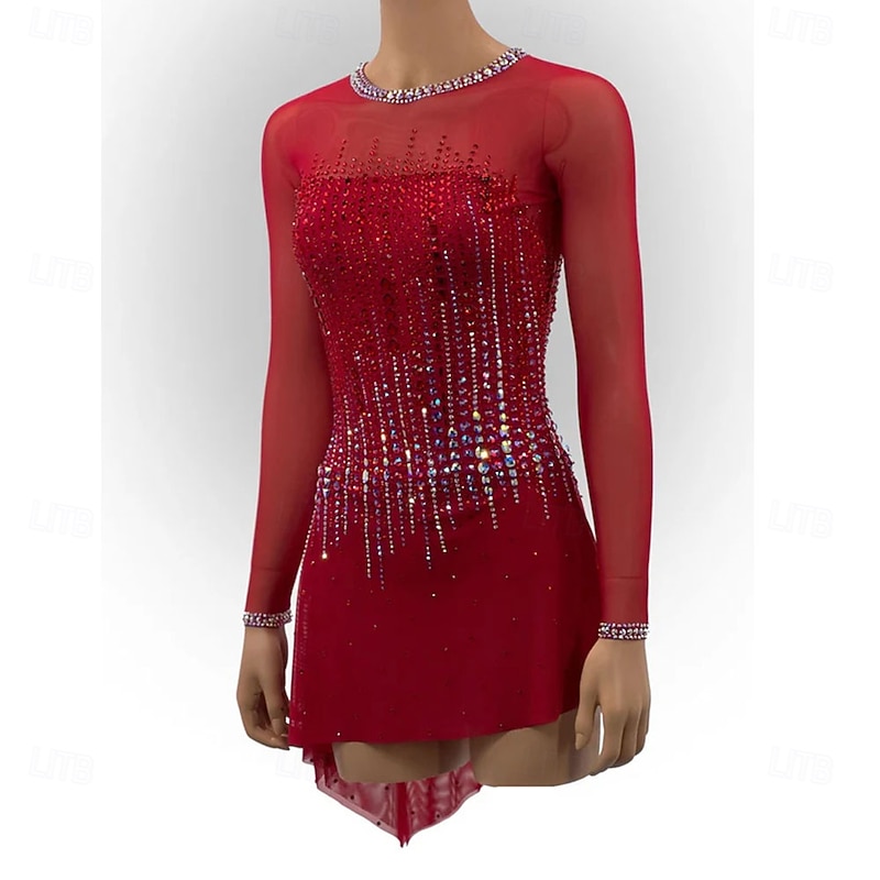 Figure Skating Dress Women's Girls' Ice Skating Dress Patchwork Asymmetric Hem High Elasticity Training Competition Skating Wear Classic Crystal / Rhinestone Long SleeveIce Skating Figure3
