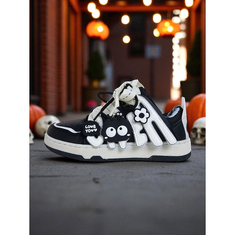 Women's Halloween Cartoon Sneakers with 3D Ghost & Flower Decor – Black and White Casual Lace-Up Shoes for Fall Festivals, Streetwear and Night Markets3