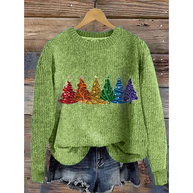 Women's Sweater Casual Graphic Tree Crew Neck Knitted Long Sleeve Regular Tops Knit Work Black Green Fall Winter