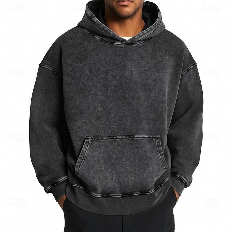 Men's Pullover Hoodie Sweatshirt Distressed Hoodie Fleece lined Hoodie Black Hooded Plain Pocket Oversized Casual Daily Going out Polyester Vintage Retro Casual Fall & Winter Clothing Apparel Hoodies