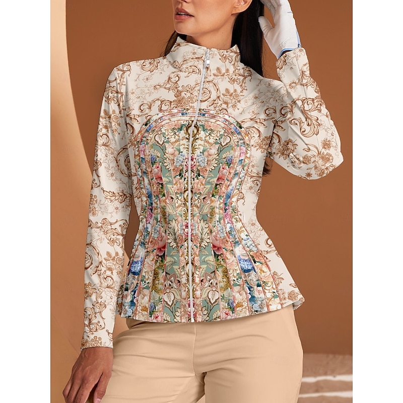 Women's Golf Jacket Brown Long Sleeve Top Ladies Golf Attire Clothes Outfits Wear Apparel4