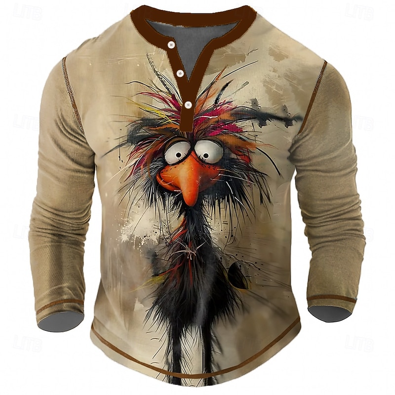 Men's Animal Chicken Henley Shirt Tee Long Sleeve Vintage Fashion Designer Outdoor Casual Daily Spring &  Fall All Seasons Green Brown khaki Henley Henley T-Shirt