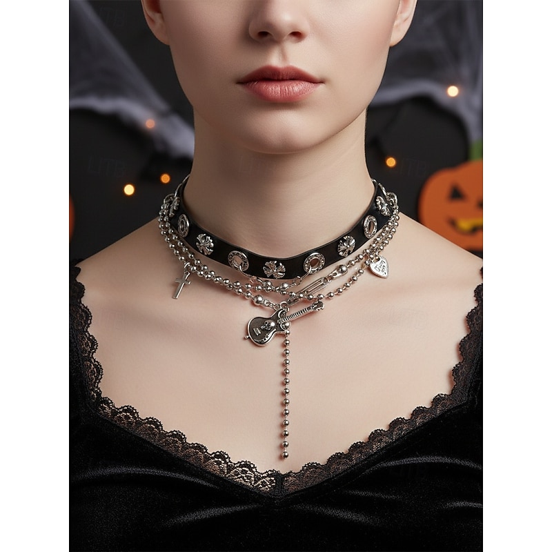 Women's Gothic Choker Necklace with Guitar and Cross Charms - Punk Rock Style Multi-Layered Necklace for Halloween Party Fashion