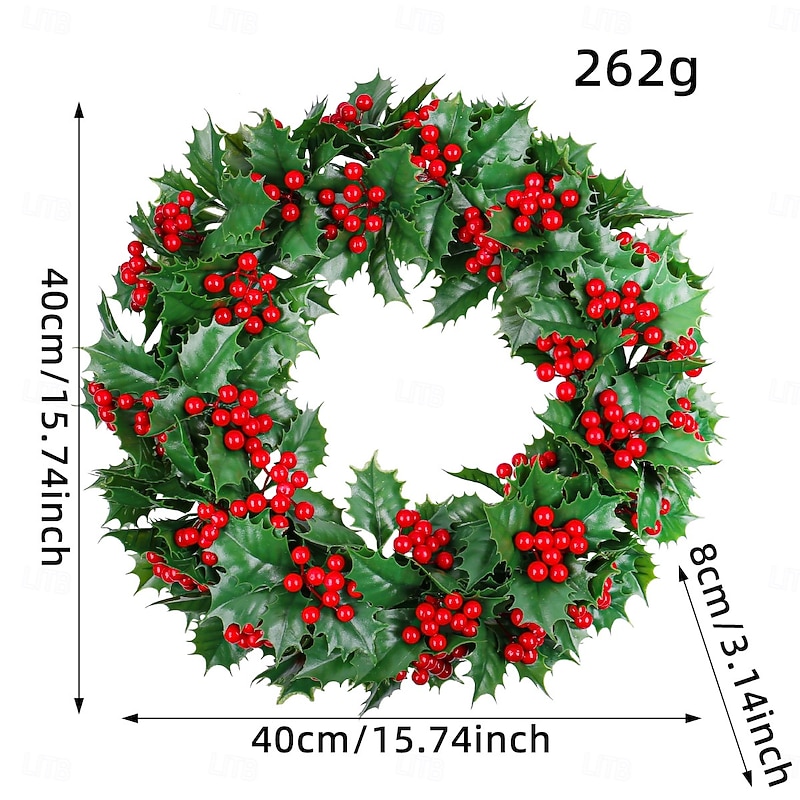 Christmas Wreath for Front Door, Indoor & Outdoor Decoration, Artificial Green Leaves with Red Berries, Holiday Berry Garland for Window, Wall, and Door Display3