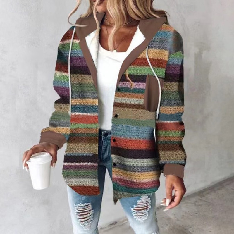 Women's Hoodie Jacket Warm Comfortable Buttons Casual Stripe Vacation Going out Weekend Regular Hooded Regular Fit Long Sleeve Outerwear Red Blue Drak Red Fall Winter2
