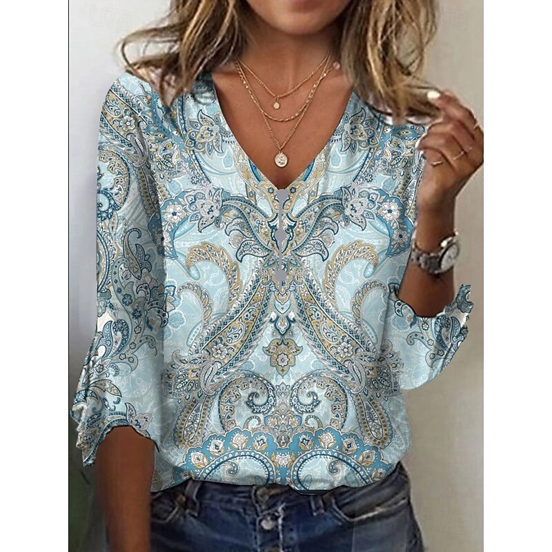 Women's T Shirt Henley Shirt Ombre Floral Vintage Vintage Stylish Basic 3/4 Length Sleeve V Neck Regular Tops Weekend Buttons Print Blue Sky Blue Rose Pink Summer Spring Fall2