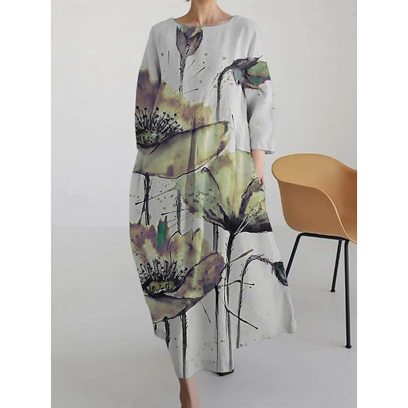 Women's Maxi Dress A Line Dress Fit And Flare Dress Party Birthday Casual Party Office Wedding Guest Loose Fit Floral Graphic Long Sleeve Crew Neck Yellow Pink Blue Green Spring Fall Winter Autumn3