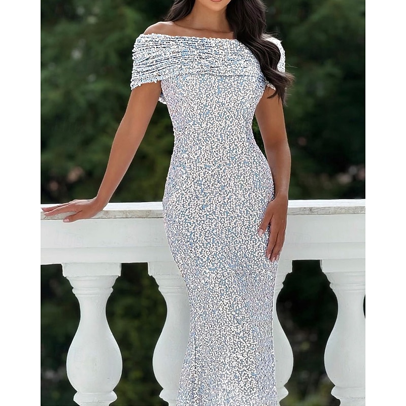 Sequin Mermaid / Trumpet Evening Stretch Lace Gown Elegant Dress Formal Wedding Floor Length Short Sleeve Off Shoulder Lace with Pleats4