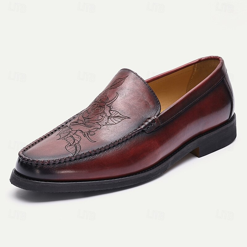 Men's Burgundy Genuine Leather Loafers – Classic Embossed Slip-On Dress Shoes for Office, Parties and Formal Occasions2