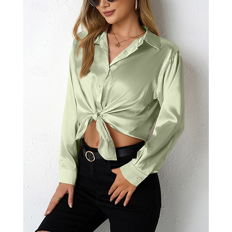 Women's Shirt Elegant Dressy Satin Plain Stylish Casual Long Sleeve Shirt Collar Regular Tops Daily Going out Buttons Light Green Camel Green Dark Gray Summer Fall2