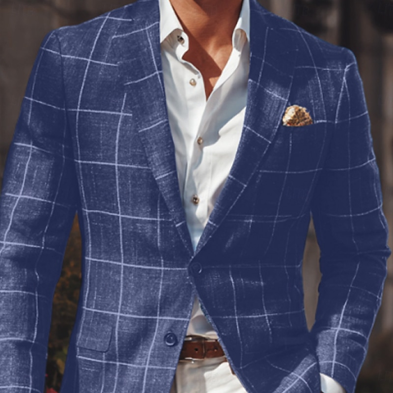 Men Plaid Suit Formal Chic & Modern All Seasons Polyester Plaid Classic Single Breasted Two-button Blazer Blue2