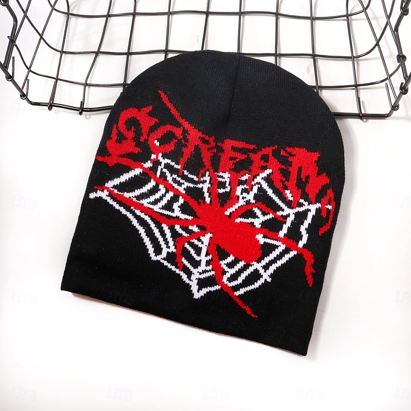Men's Unisex Beanie Hat Winter Hats Beanies Skull Cap Knit Hat Black Yellow Acrylic Fibers Jacquard Knitted Cozy Halloween Daily Wear Festival Spider Letter Spider web Warm