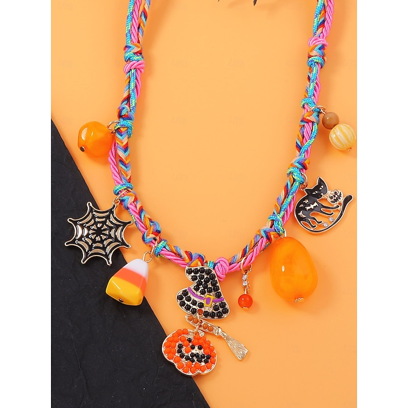 Women's Halloween Charm Necklace - Colorful Woven Choker with Pumpkin, Witch, Spider, and Candy for Halloween Costume Party3