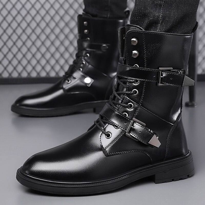 Black Faux Leather Men's Lace-Up Combat Boots with Rugged Sole, Chunky Design and Military Style – Perfect for Bikers, Punk Rock Fashion and Casual Outdoor Wear2