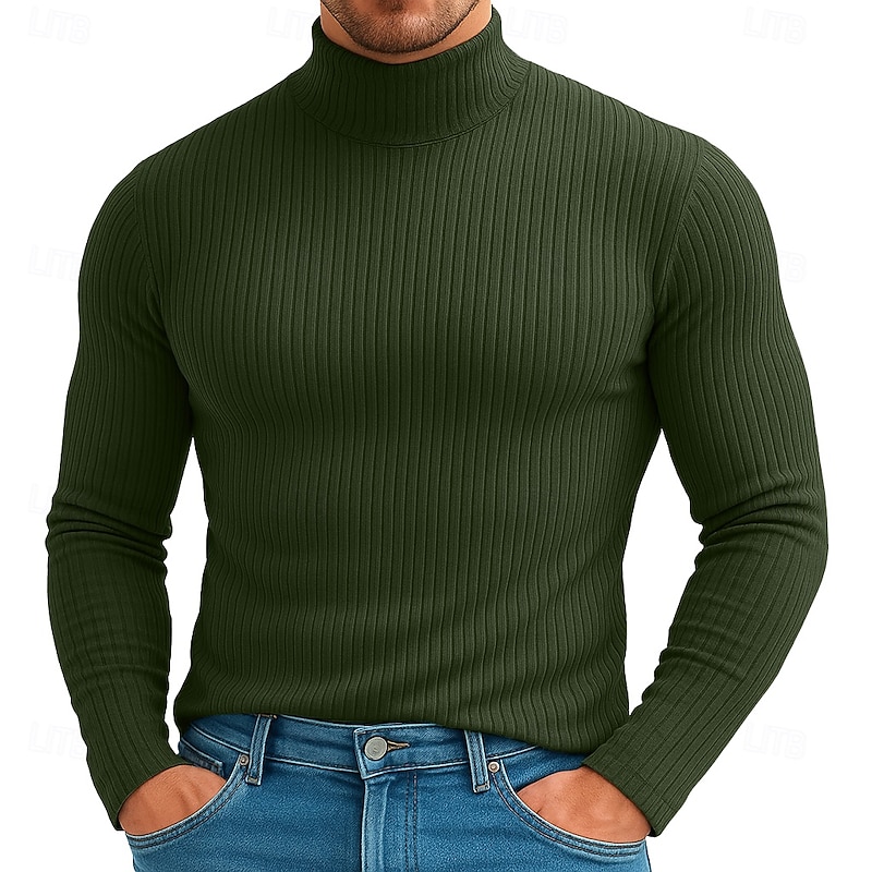 Men's T Shirt Ribbed Knit tee Tee Top Long Sleeve Shirt Long Sleeve Turtleneck Spring Fall All Seasons Plain Fashion Designer Basic Knitting Vacation Street Casual Green Red Top Tee for Men