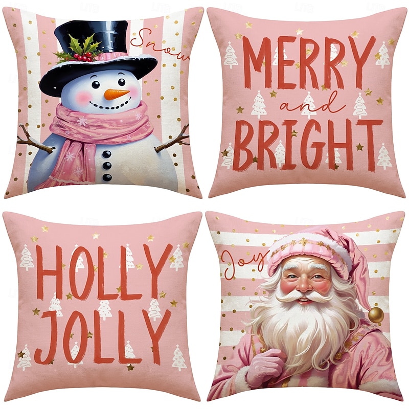 Hot Christmas Pillow Covers Set, Pink Snowman Print Decorative Linen Sofa Cushions, Durable & Stain-Resistant, Living Room Holiday Throw Pillows