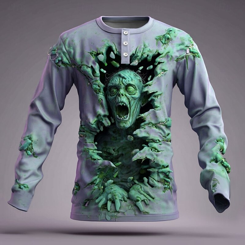Men's Halloween Zombies Henley Shirt Long Sleeve Fashion Cute Daily Casual Holiday Going out Fall Spring &  Fall Green Purple Blue Khaki Henley Henley T-Shirt3