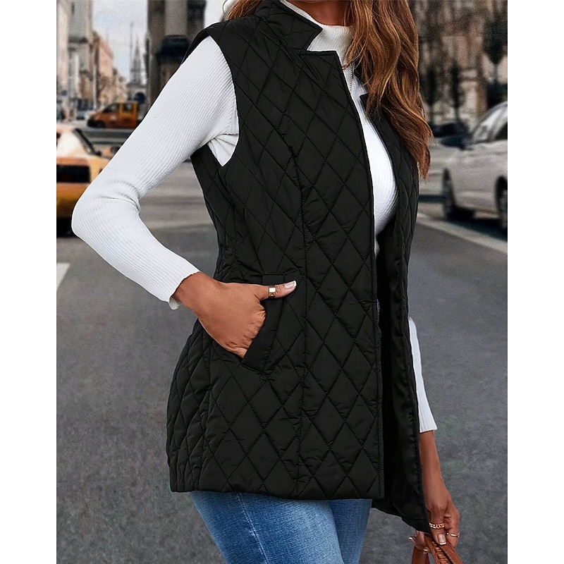 Women's Puffer Jacket Quilted Jacket Casual Jacket Waterproof Comfortable Zipper Pocket Casual Plain Vacation Street Casual Daily Wear Zipper Long Turndown Regular Fit Sleeveless Outerwear Black3