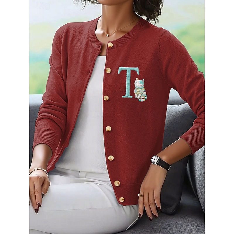 Women's Cardigan Elegant Vintage Daily Graphic Animal Letter Ribbed Crew Neck Buttons Knitted Long Sleeve Regular Tops Knit Outdoor Home Work Black Red Spring Fall