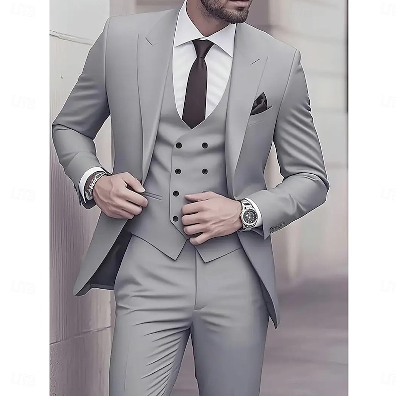 Men's Wedding Casual Business Suits Notch Lapel Black Light Grey Daily Formal Solid Colored Slim Fit 3 Piece Single Breasted One-button