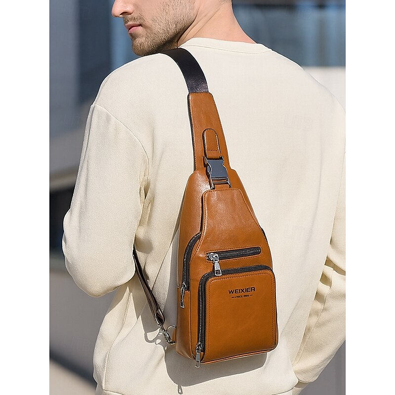 Men's Faux Leather Crossbody Sling Bag – Water-Repellent Scratch-Resistant Chest Shoulder Backpack for Casual Travel, Work and Outdoor Use2