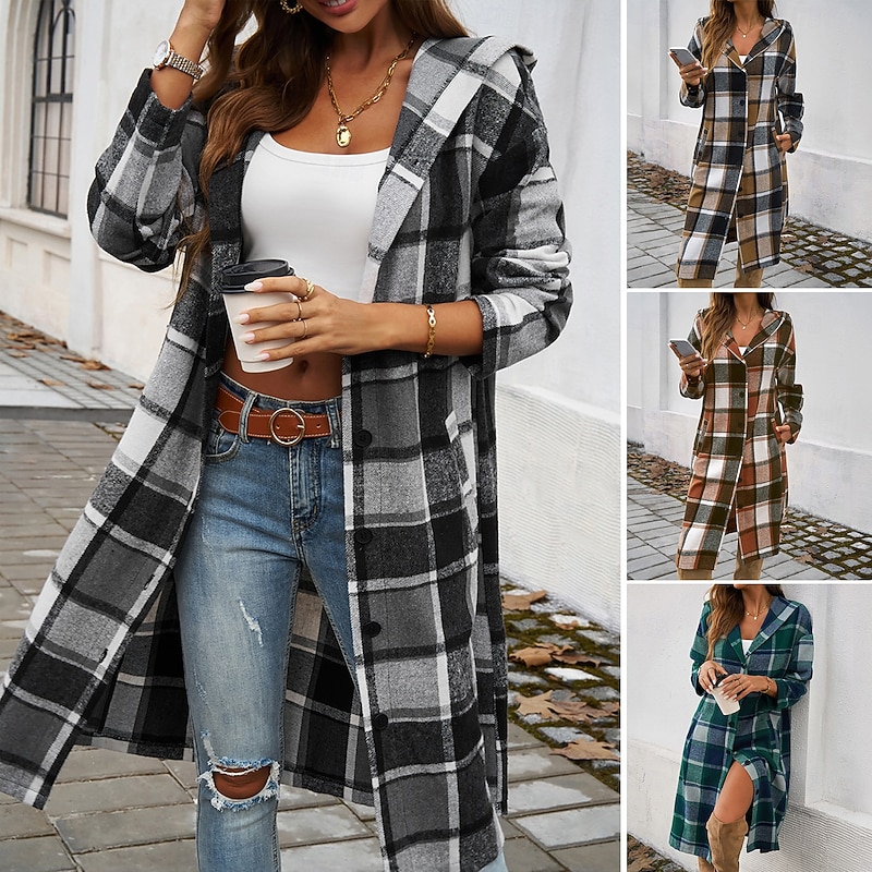 Women's Hoodie Jacket Comfortable Breathable Pocket Buttons Print Casual Plaid Vacation Street Casual Daily Wear Single Breasted Long Hooded Loose Fit Long Sleeve Outerwear Brown Green Khaki Spring