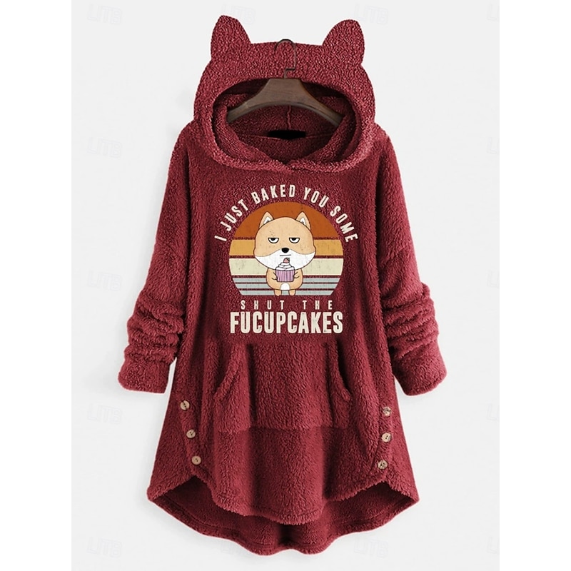 Women's Pullover Hoodie Sweatshirt Cat Letter Casual Long Sleeve Hooded Crop Tops Street Dailywear Casual Light Pink Pink Wine Red Dark Gray Fall Winter4