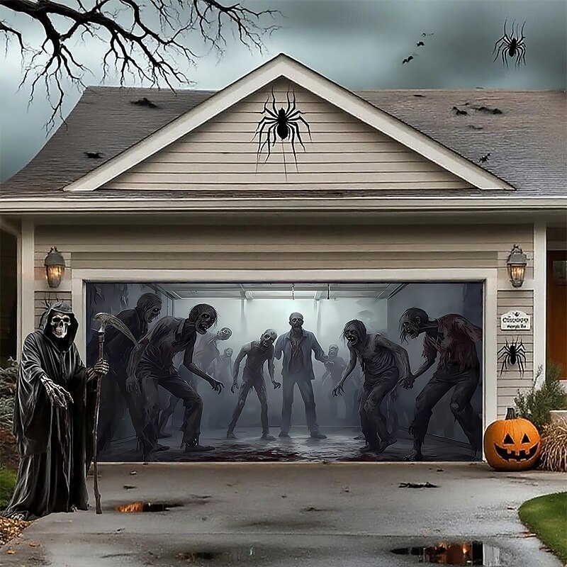 Halloween Tapestry Garage Door Cover Large Hanging Backdrop Zombie Containment Unit 3D Dark Punk Gothic Style Party Outdoor Shooting Backgrounds Yard Haunted House Home Decor2