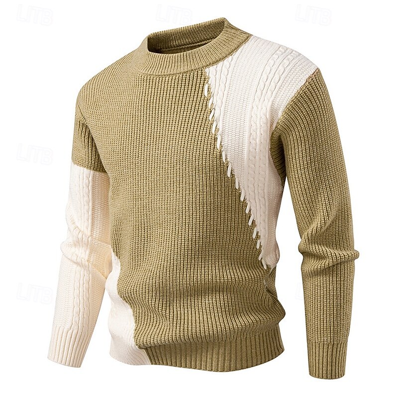 Men's Sweater Pullover Sweater Jumper Ribbed Knit Regular Tops Patchwork Knitted Color Block Crew Neck Knitwear Contemporary Casual Daily Wear Clothing Apparel Fall Yellow Apricot M L XL3