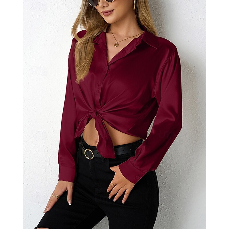 Women's Shirt Elegant Dressy Satin Solid Color Stylish Casual Long Sleeve Shirt Collar Regular Tops Daily Going out Buttons Pink Wine Beige Rose Pink Spring Fall3
