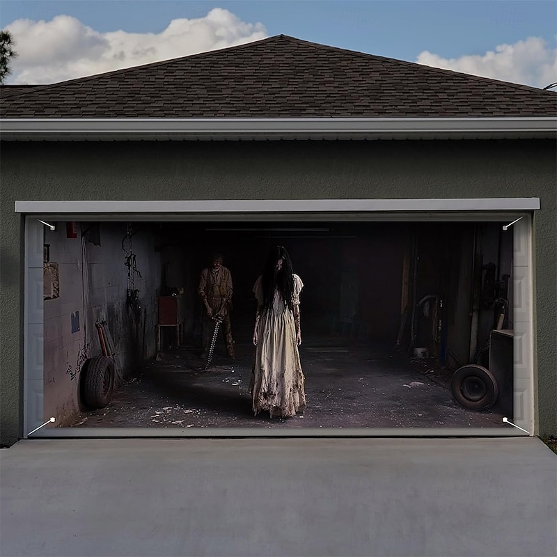 Halloween Garage Door Cover Large Hanging Backdrop Ghost Bride Ghost 3D Dark Punk Gothic Style Party Outdoor Shooting Backgrounds Yard Haunted House Home Decor