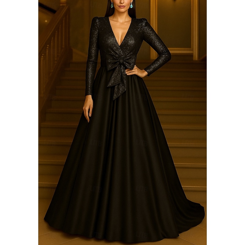 Black Tie A-Line Evening Gown Elegant Formal Dress Formal Wedding Floor Length Long Sleeve V Neck Pocket Satin with Bow(s) Ruched 20253
