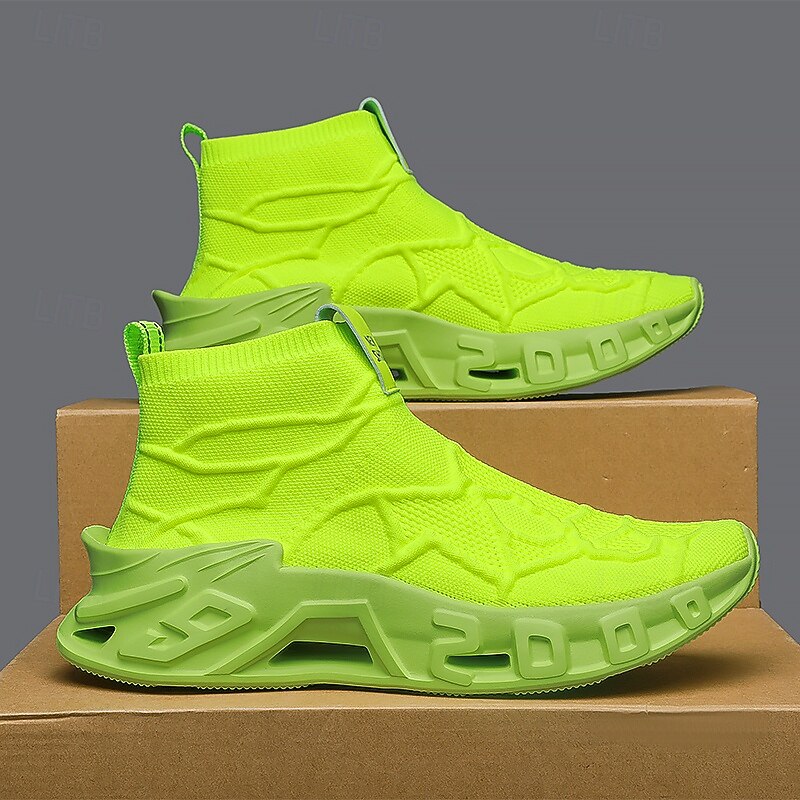 Men's High-Top Neon Green Slip-On Sneakers – Fashion Forward Lightweight Sports Shoes with Sock Fit and Cushioned Sole for Gym, Walking and Casual Outfits2