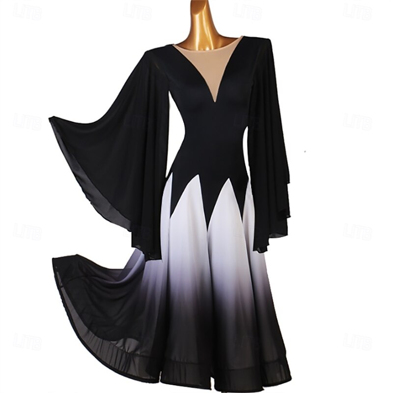 Women's Black and White Ombre Ballroom Dance Dress with Flowing Sleeves and Deep V-Neck – Ideal for Latin, Tango, and Performance Wear