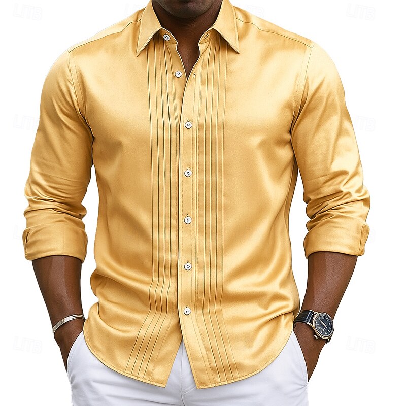 Men's Shirt Satin Shirt Casual Shirt Button Up Shirt Plain Formal Wedding Black Blue Gold Green Long Sleeve Lapel Fall Spring &  Fall Clothing Apparel Ruched2