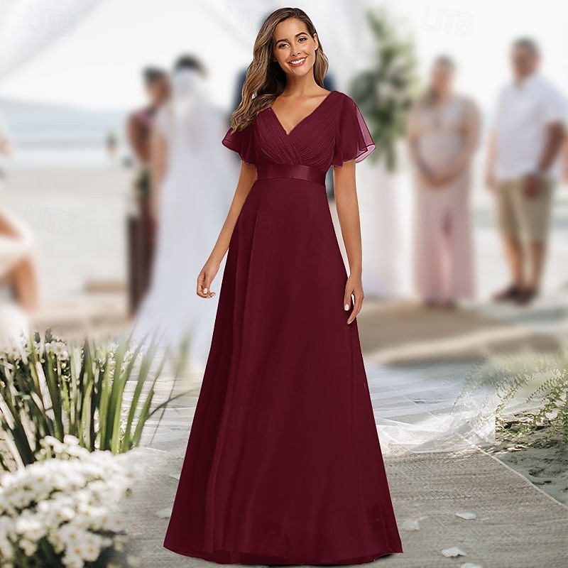 A-Line Ruched Wedding Guest Dress Beach Wedding Elegant Formal Black Tie For Bridesmaid Floor Length Short Sleeve V Neck Chiffon V Back with Ruffles  dress to impress3