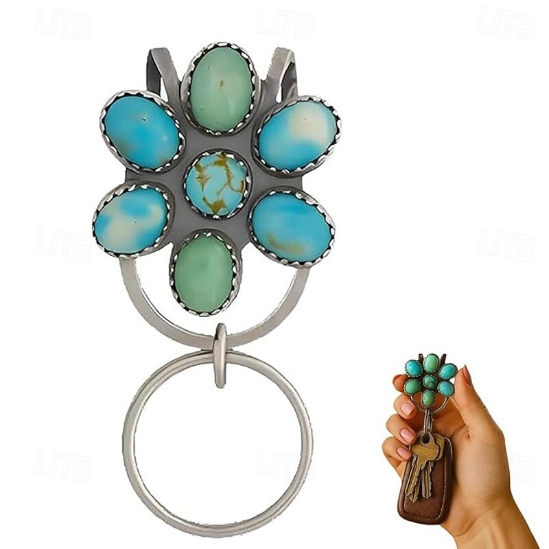 Turquoise Bloom Bag Clip Key Holder Bohemian Keychain With Hook Women Bag Accessory For School Desk Travel Daily Offices Car