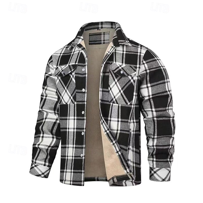 Men's Winter Jacket Shirt Jacket Fleece Jacket Casual Jacket Vacation Daily Thermal Warm Pocket Fleece Fall Winter Plaid Fashion Streetwear Lapel Regular Black Red Orange Green Jacket2