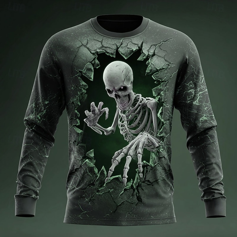 Halloween Men's Grim Reaper Skeleton T Shirt Long Sleeve T shirt 3D Print Crew Neck Shirt Fashion Exaggerated Street Casual Daily Yellow Green Dark Blue Summer Spring Fall Clothing Apparel S M L XL3