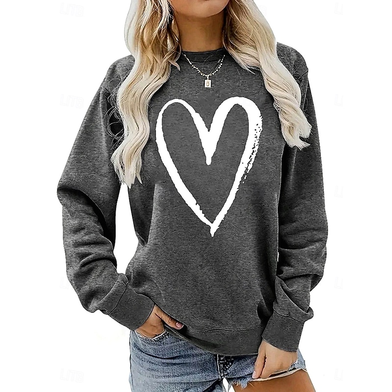 Women's Pullover Sweatshirt Heart Graphic Geometric Fashion Casual Long Sleeve Round Neck Regular Tops Street Dailywear Casual Print Black White Light Grey Gray Fall Winter